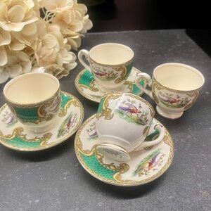 Myott Staffordshire 'Chelsea Bird Green' Demitasse cups and saucers.